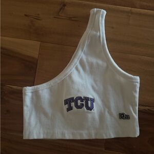 White One-Shoulder Top with Purple TCU Logo